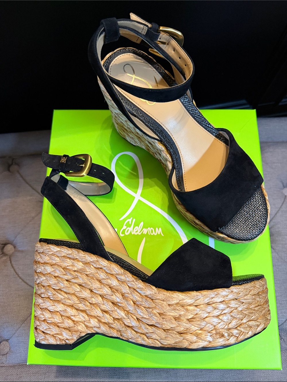 Sam Edelman Black Suede Espadrille Platform Wedges